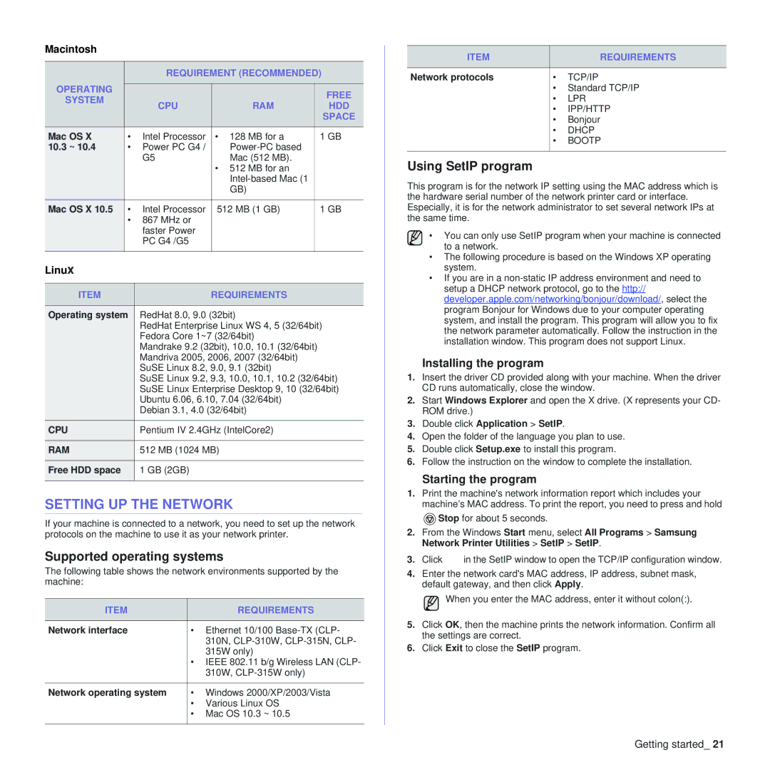 Samsung CLP-310N manual Setting UP the Network, Supported operating systems, Using SetIP program, Installing the program 