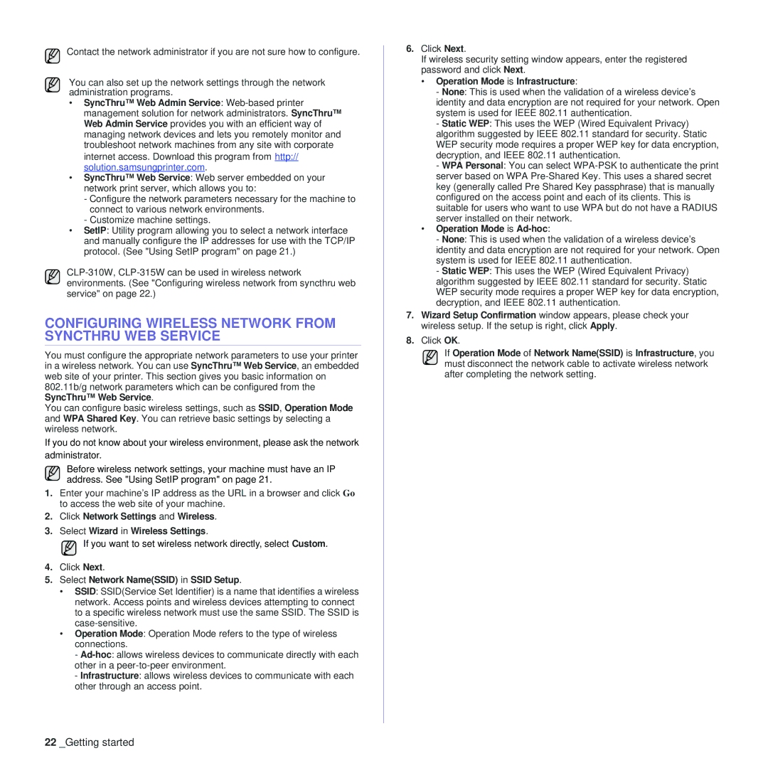 Samsung CLP-310XAA, CLP-310N Configuring Wireless Network from Syncthru WEB Service, Select Network NameSSID in Ssid Setup 