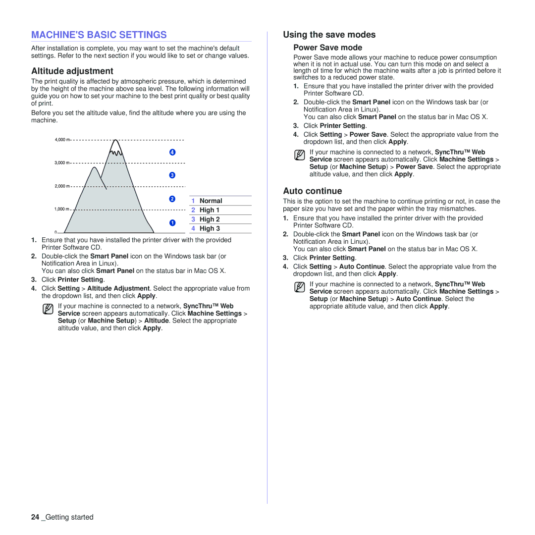 Samsung CLP-310XAA Machines Basic Settings, Altitude adjustment, Using the save modes, Auto continue, Power Save mode 