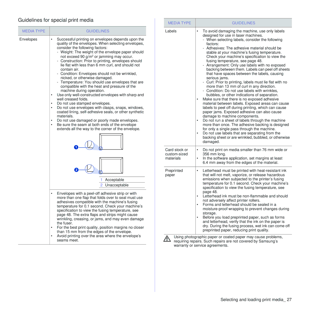 Samsung CLP-310N, CLP-310XAA manual Guidelines for special print media, Media Type Guidelines 