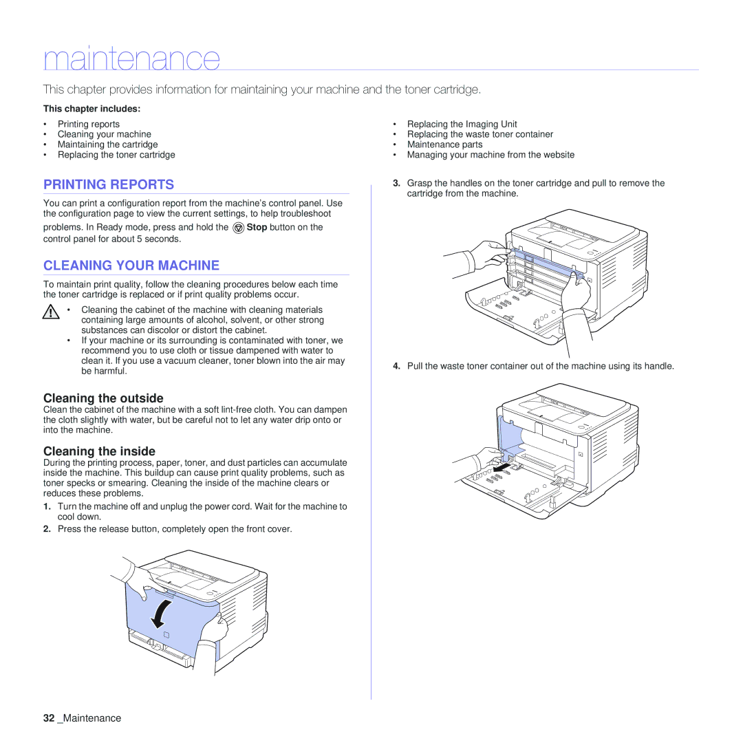 Samsung CLP-310XAA manual Maintenance, Printing Reports, Cleaning Your Machine, Cleaning the outside, Cleaning the inside 