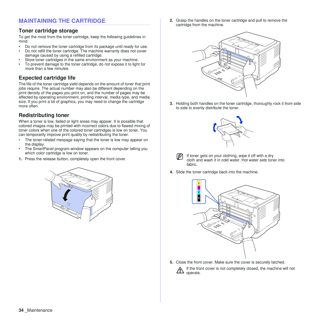 Samsung CLP-310XAA manual Maintaining the Cartridge, Toner cartridge storage, Expected cartridge life, Redistributing toner 