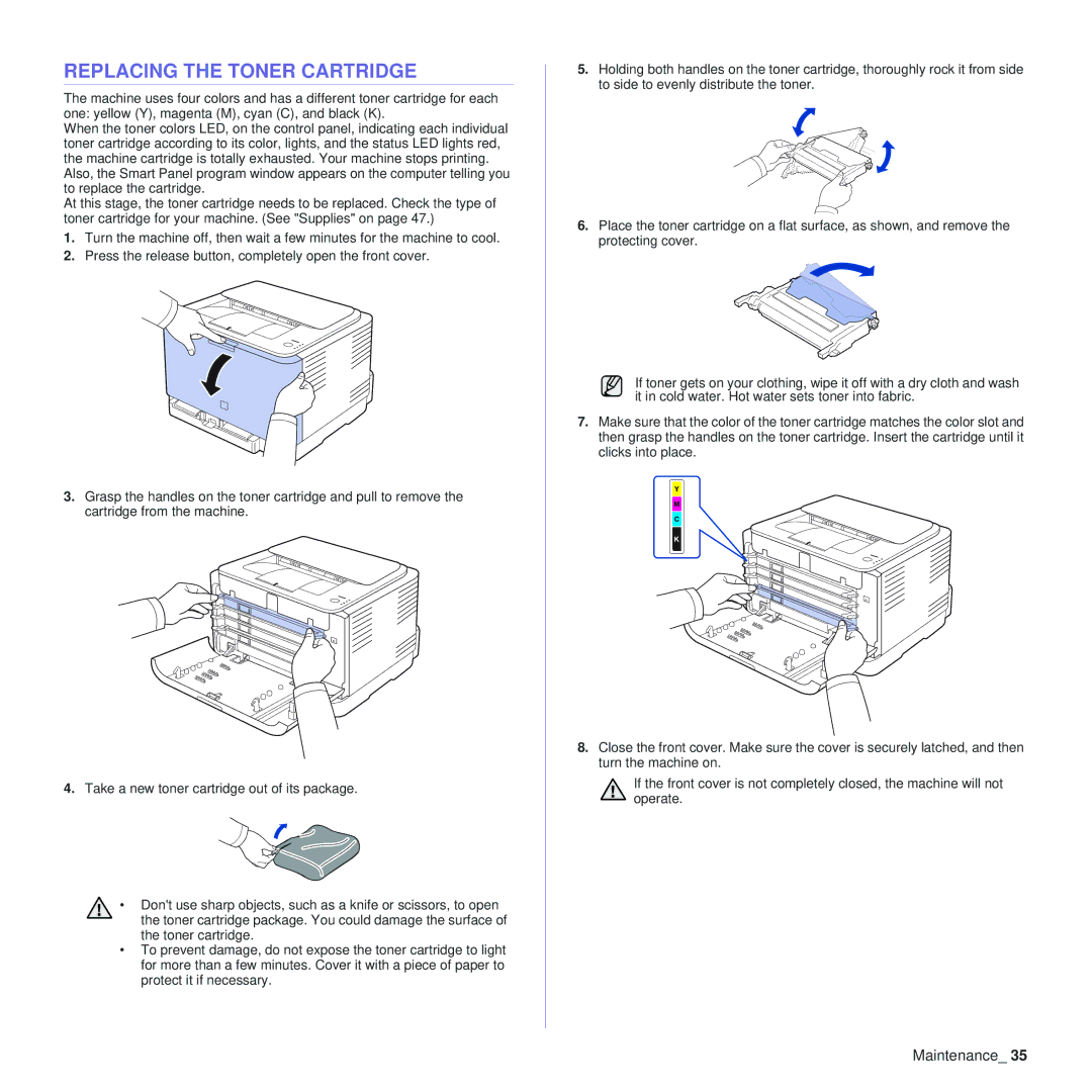 Samsung CLP-310N, CLP-310XAA manual Replacing the Toner Cartridge 