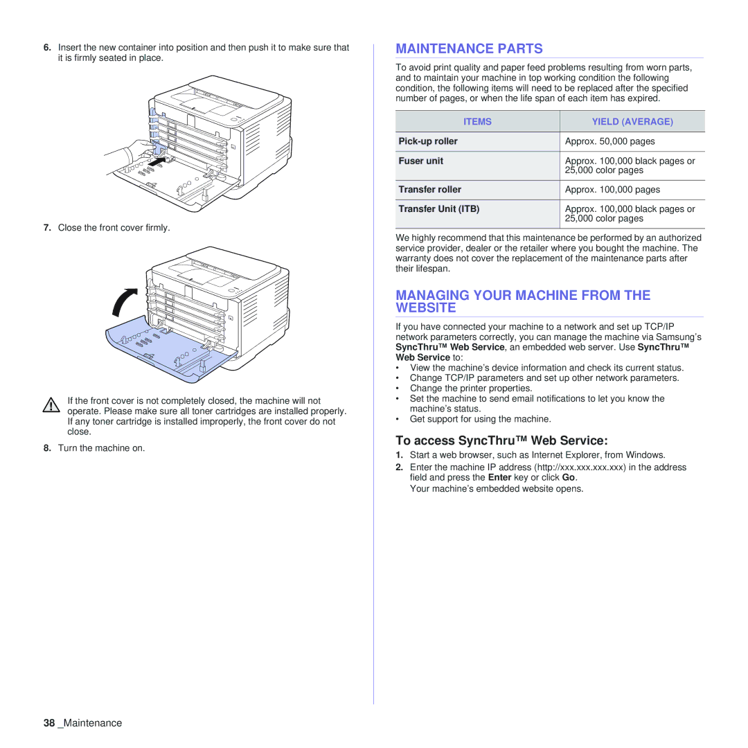 Samsung CLP-310XAA, CLP-310N Maintenance Parts, Managing Your Machine from the Website, To access SyncThru Web Service 