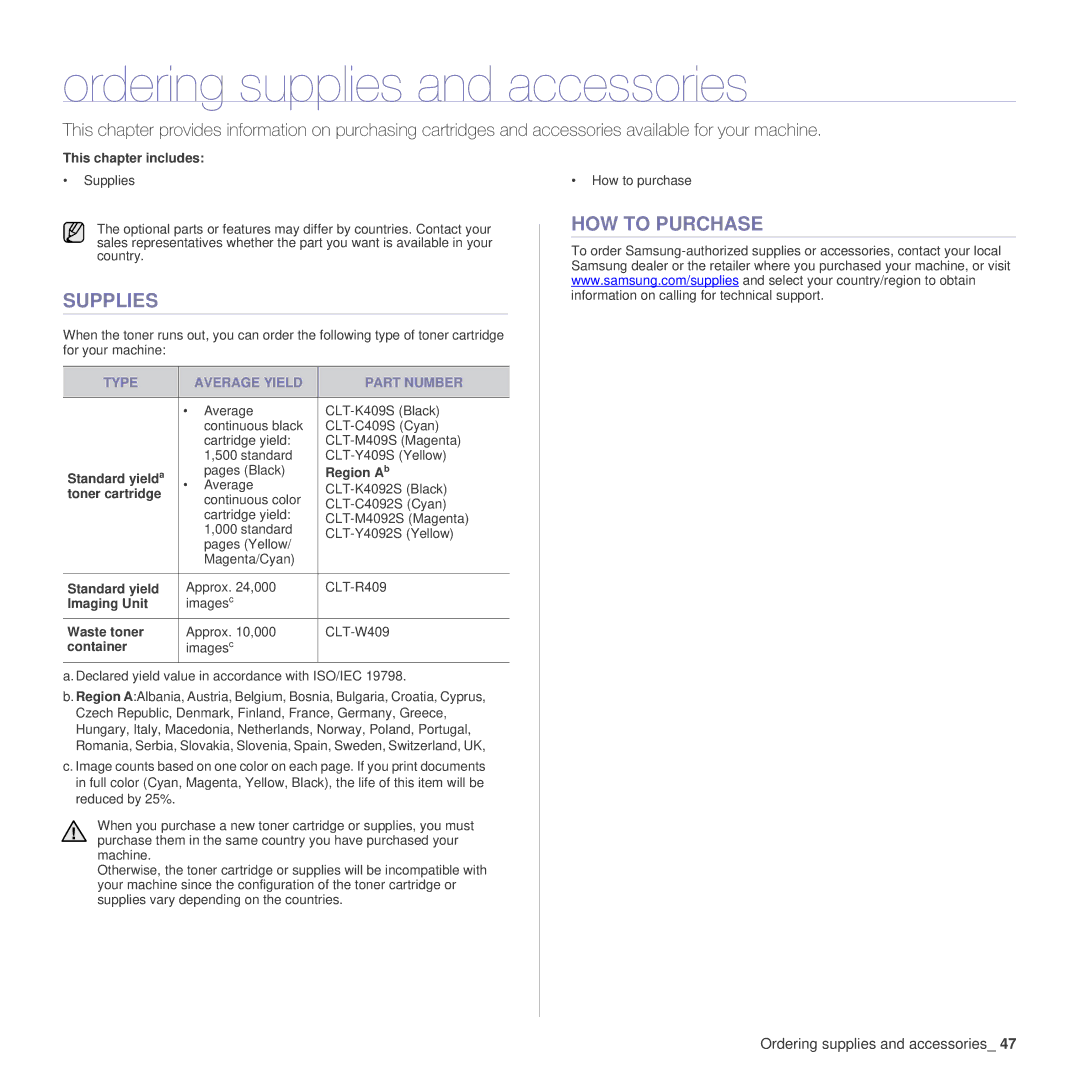 Samsung CLP-310N, CLP-310XAA Ordering supplies and accessories, Supplies, HOW to Purchase, Type Average Yield Part Number 