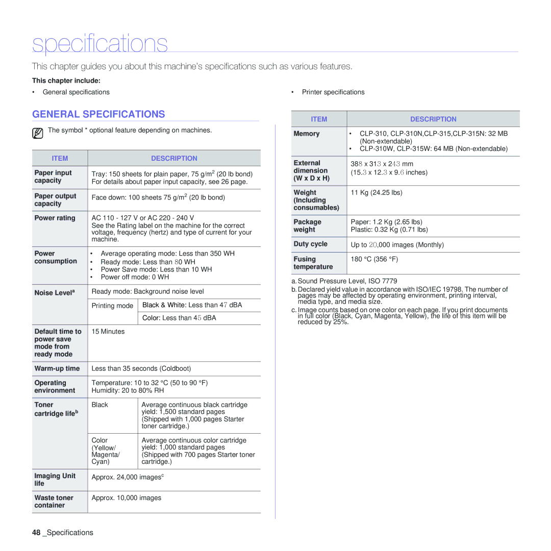 Samsung CLP-310XAA, CLP-310N manual General Specifications 