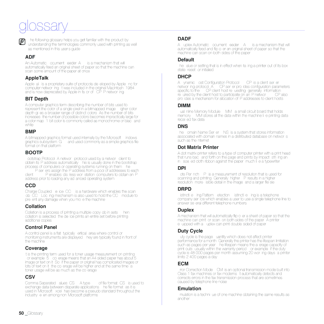 Samsung CLP-310XAA, CLP-310N manual Glossary 