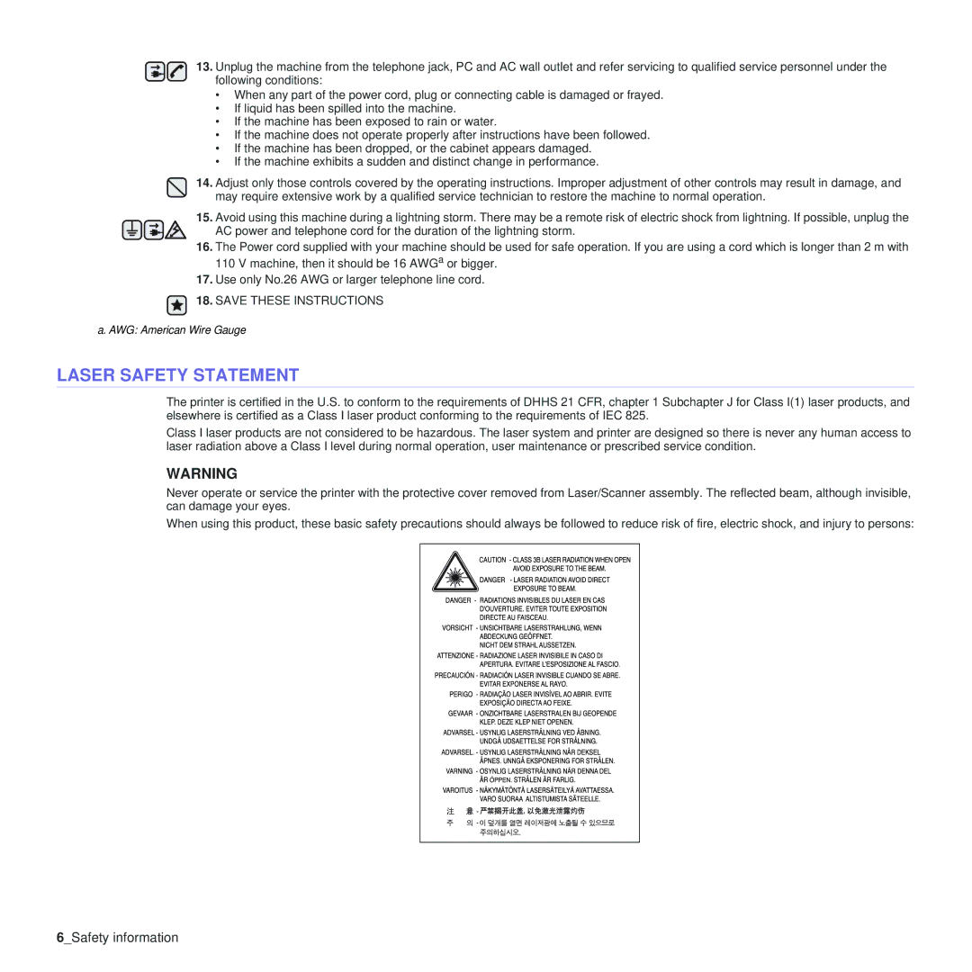 Samsung CLP-310XAA, CLP-310N manual Laser Safety Statement 