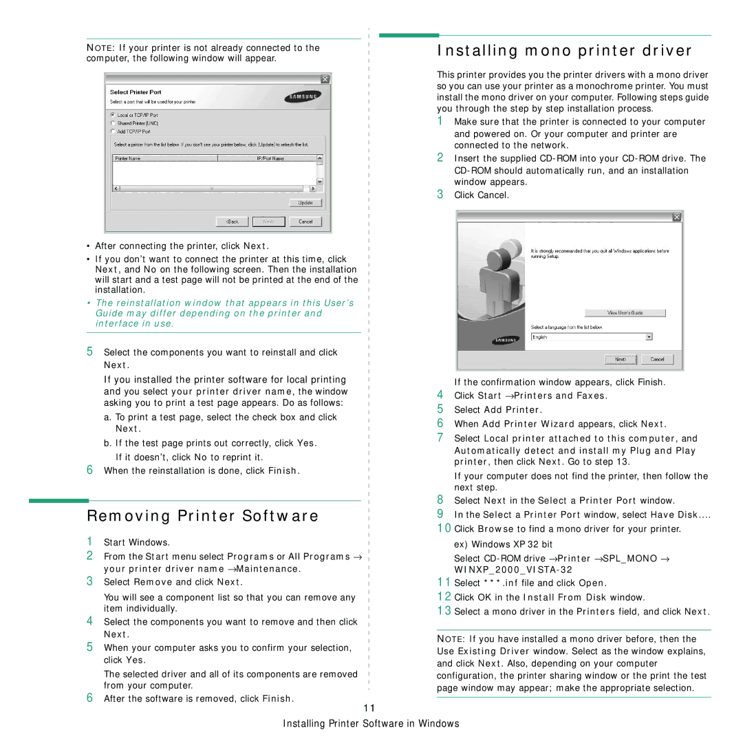 Samsung CLP-310N Removing Printer Software, Installing mono printer driver, Click OK in the Install From Disk window, Next 