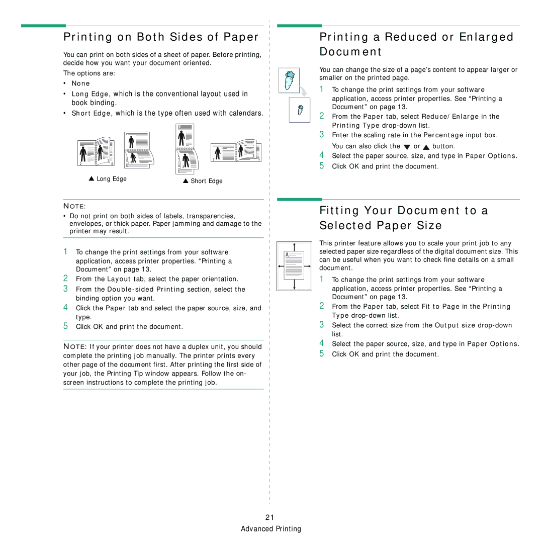 Samsung CLP-310N, CLP-310XAA manual Printing on Both Sides of Paper, Printing a Reduced or Enlarged Document, None 