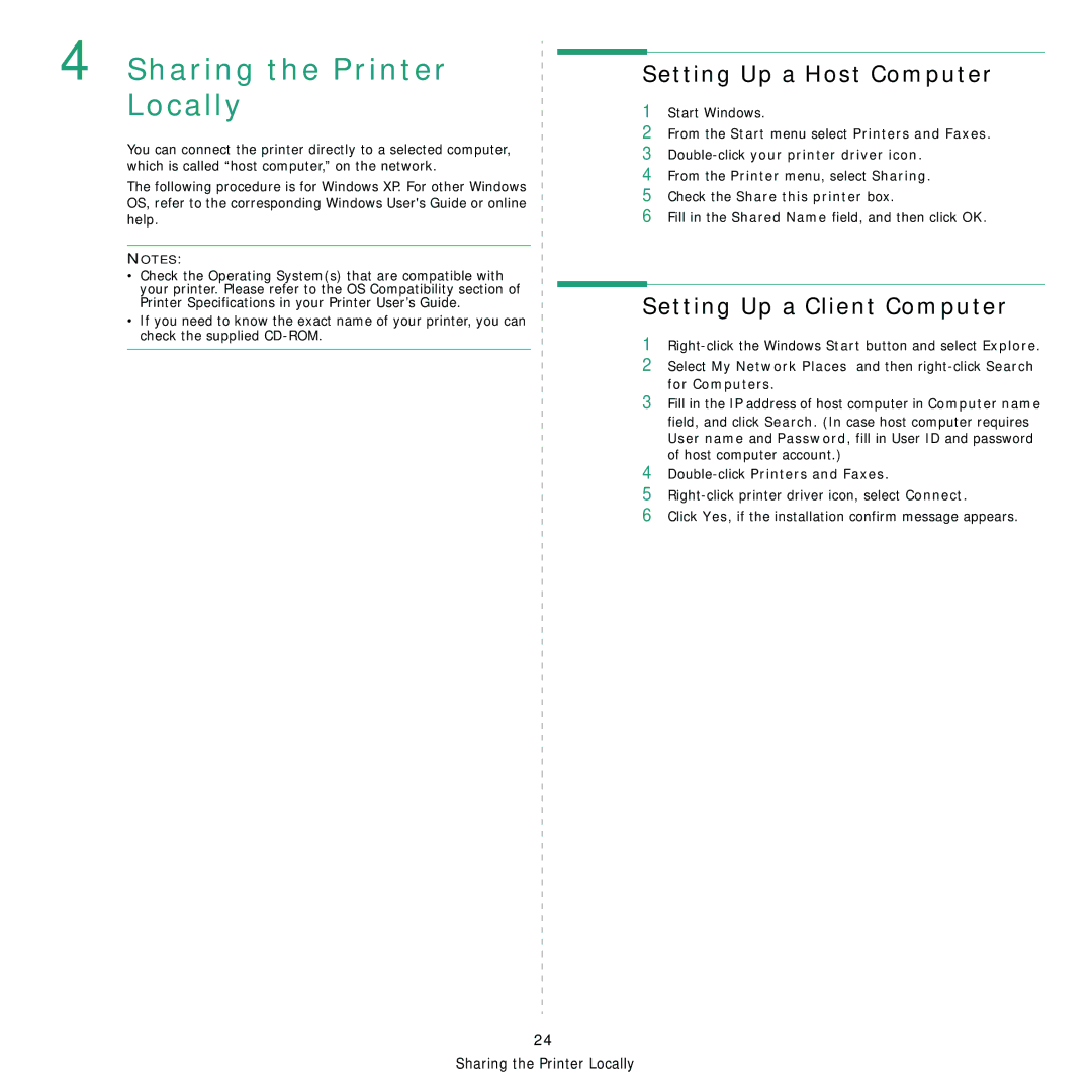 Samsung CLP-310XAA, CLP-310N Setting Up a Host Computer, Setting Up a Client Computer, Check the Share this printer box 