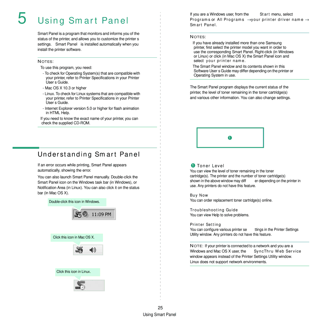 Samsung CLP-310N, CLP-310XAA manual Understanding Smart Panel, Buy Now, Troubleshooting Guide, Printer Setting 