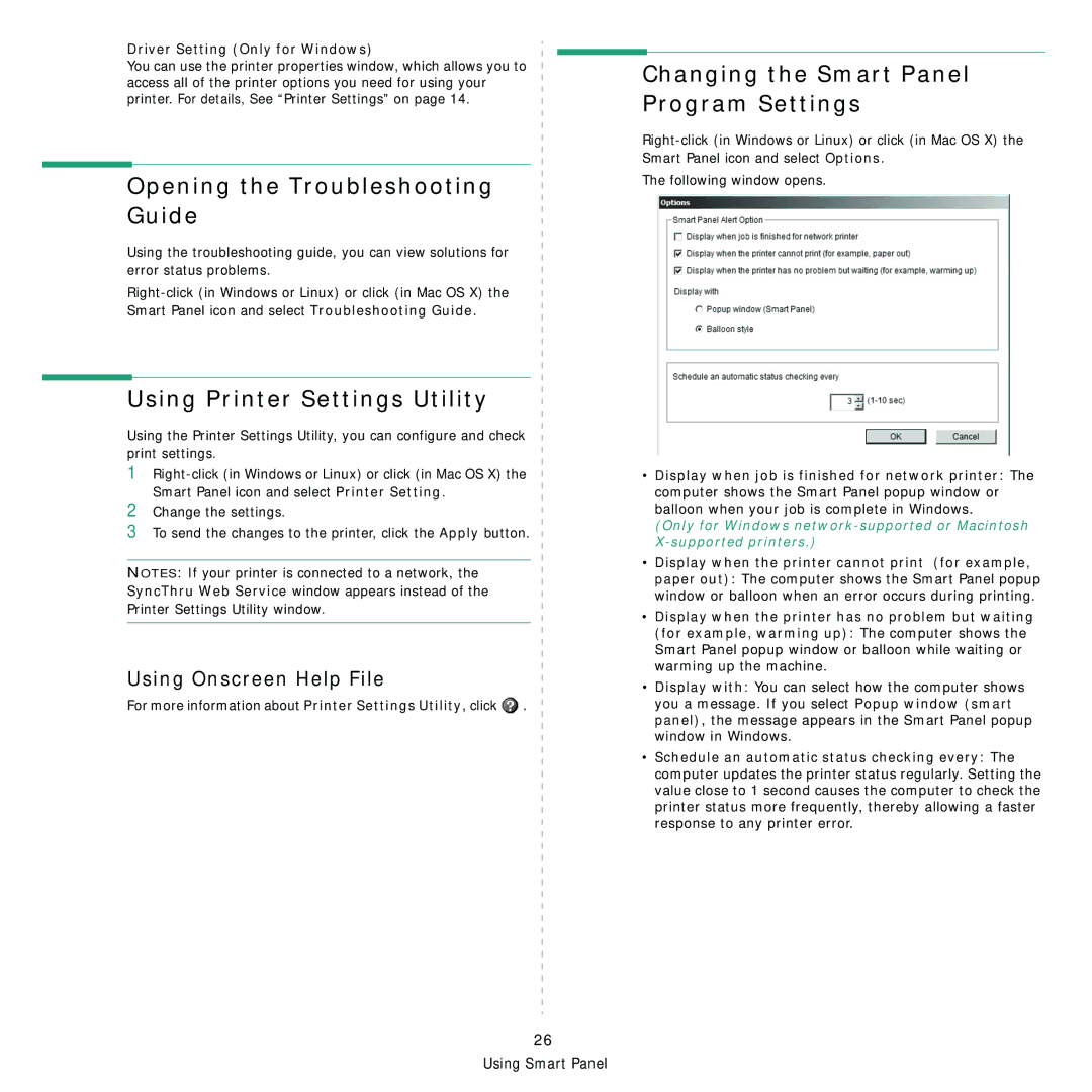 Samsung CLP-310XAA Opening the Troubleshooting Guide, Changing the Smart Panel Program Settings, Using Onscreen Help File 