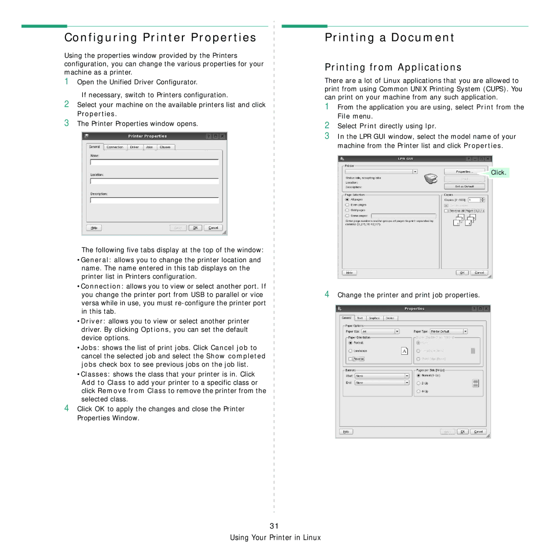 Samsung CLP-310N, CLP-310XAA manual Configuring Printer Properties Printing a Document, Printing from Applications 