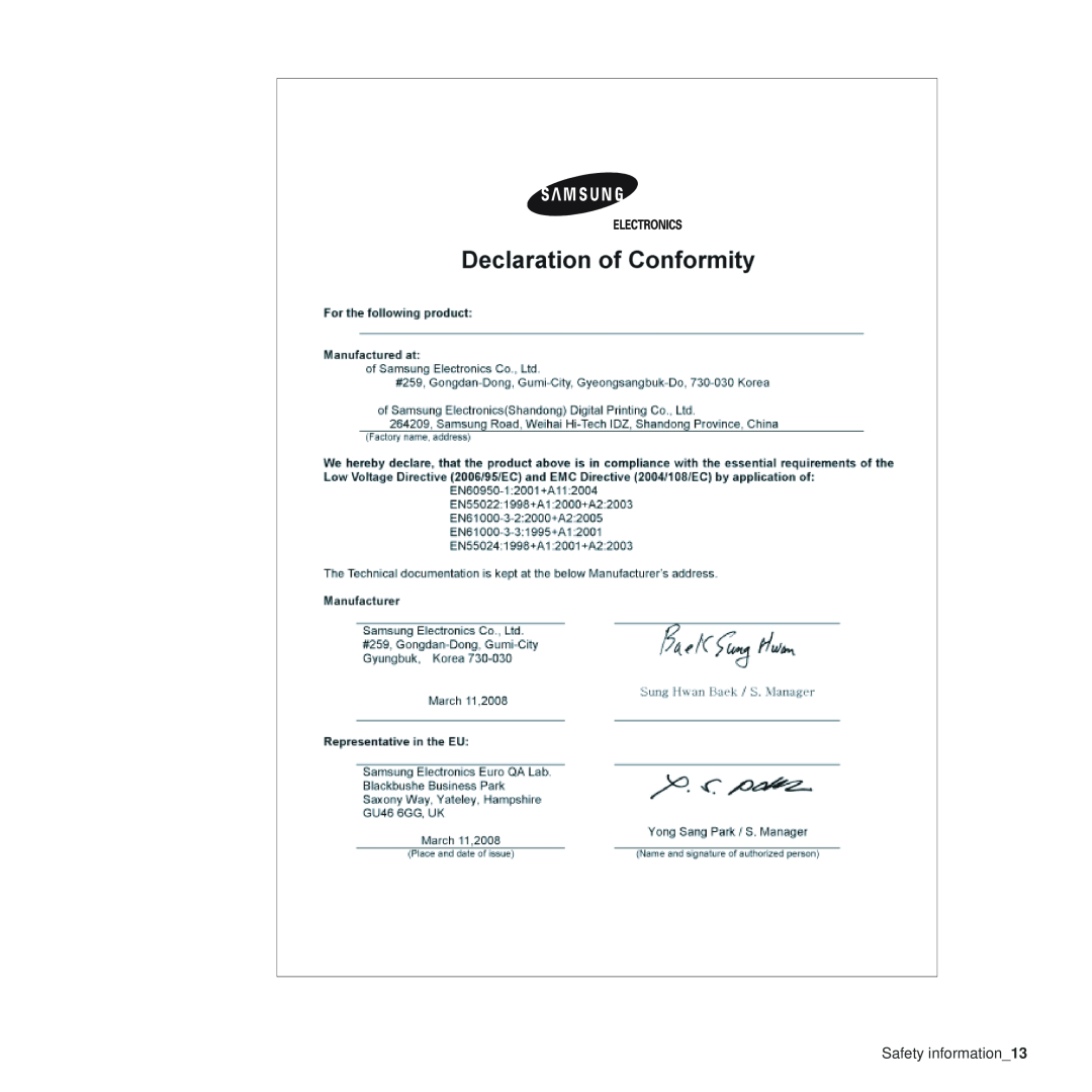 Samsung CLP-310N, CLP-310XAA manual Safety information13 