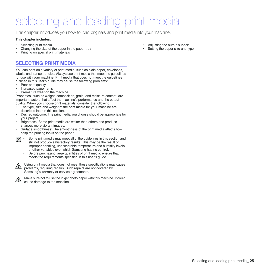 Samsung CLP-310N, CLP-310XAA manual selecting and loading print media, Selecting Print Media 