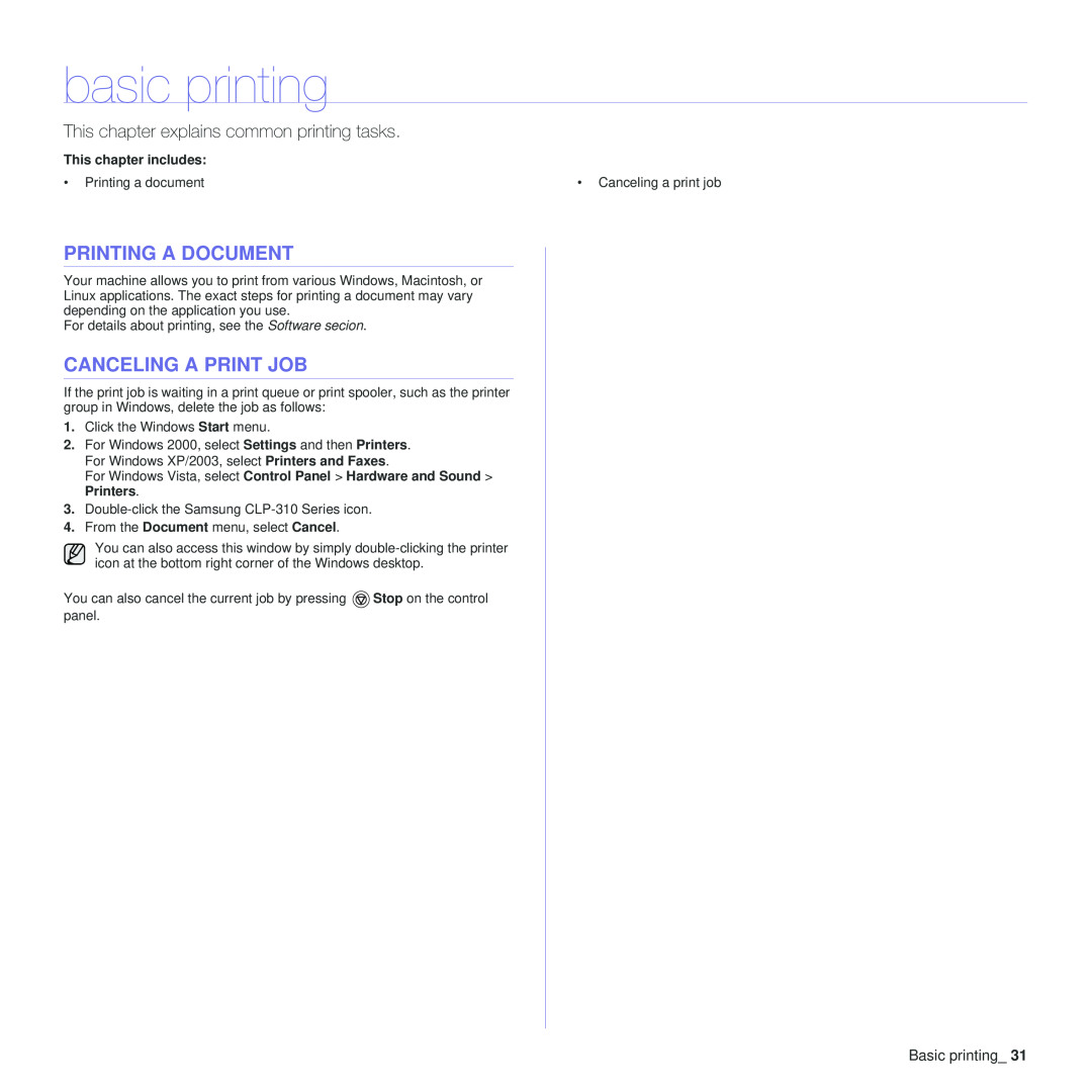 Samsung CLP-310N basic printing, Printing A Document, Canceling A Print Job, This chapter explains common printing tasks 