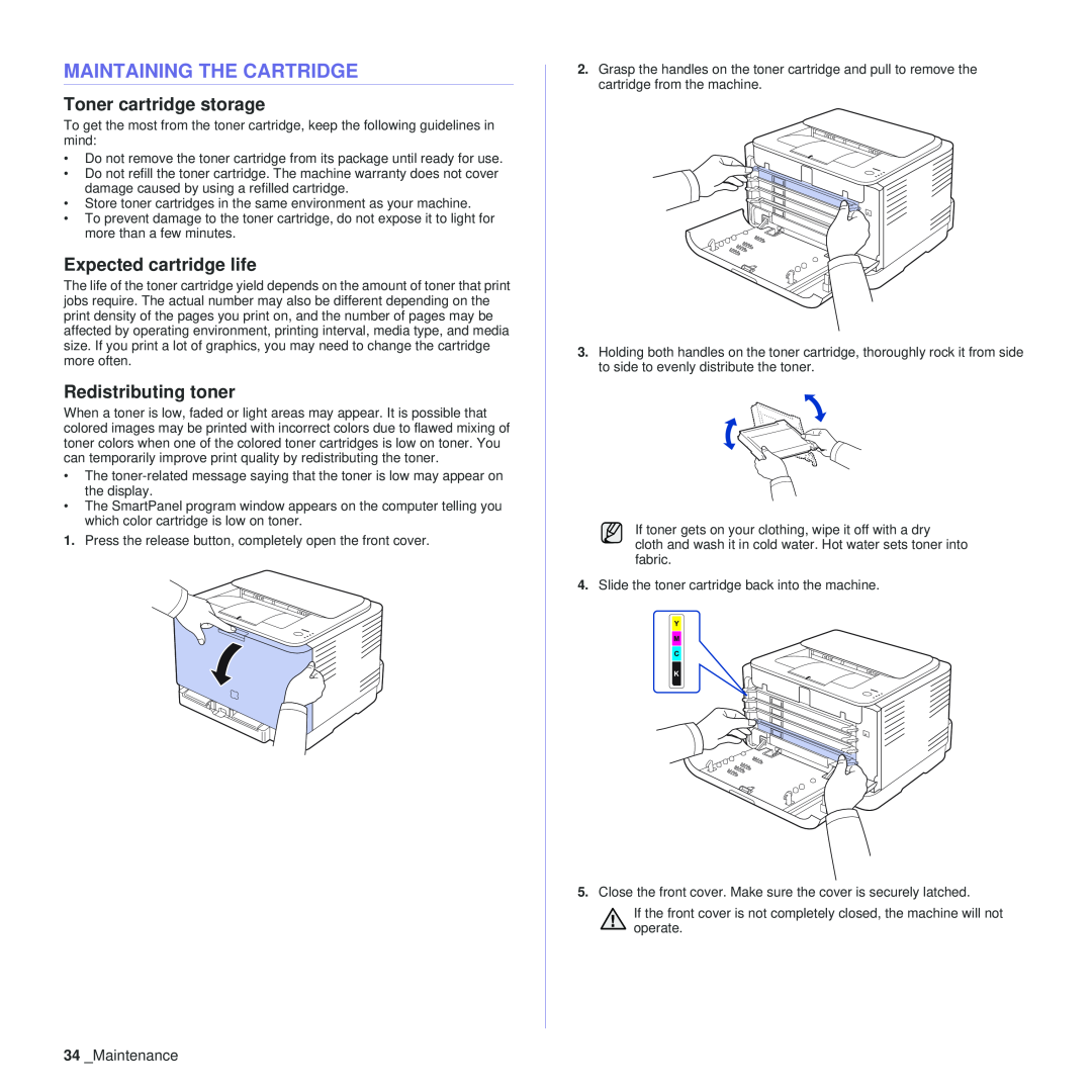 Samsung CLP-310XAA manual Maintaining The Cartridge, Toner cartridge storage, Expected cartridge life, Redistributing toner 