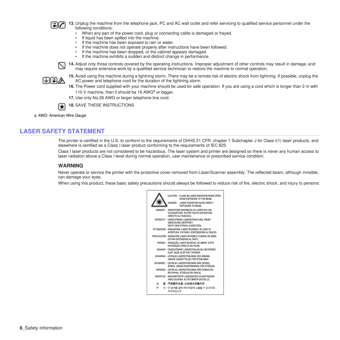 Samsung CLP-310XAA, CLP-310N manual Laser Safety Statement, 6Safety information 
