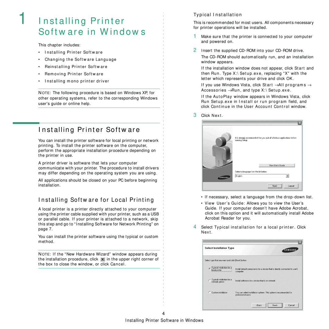 Samsung CLP-310XAA Installing Printer Software in Windows, Installing Software for Local Printing, Typical Installation 