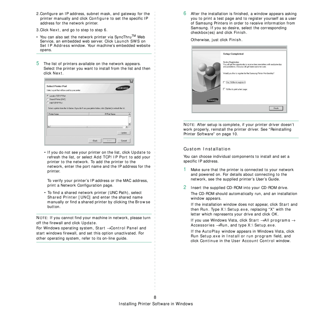 Samsung CLP-310XAA, CLP-310N manual Custom Installation, Installing Printer Software in Windows 