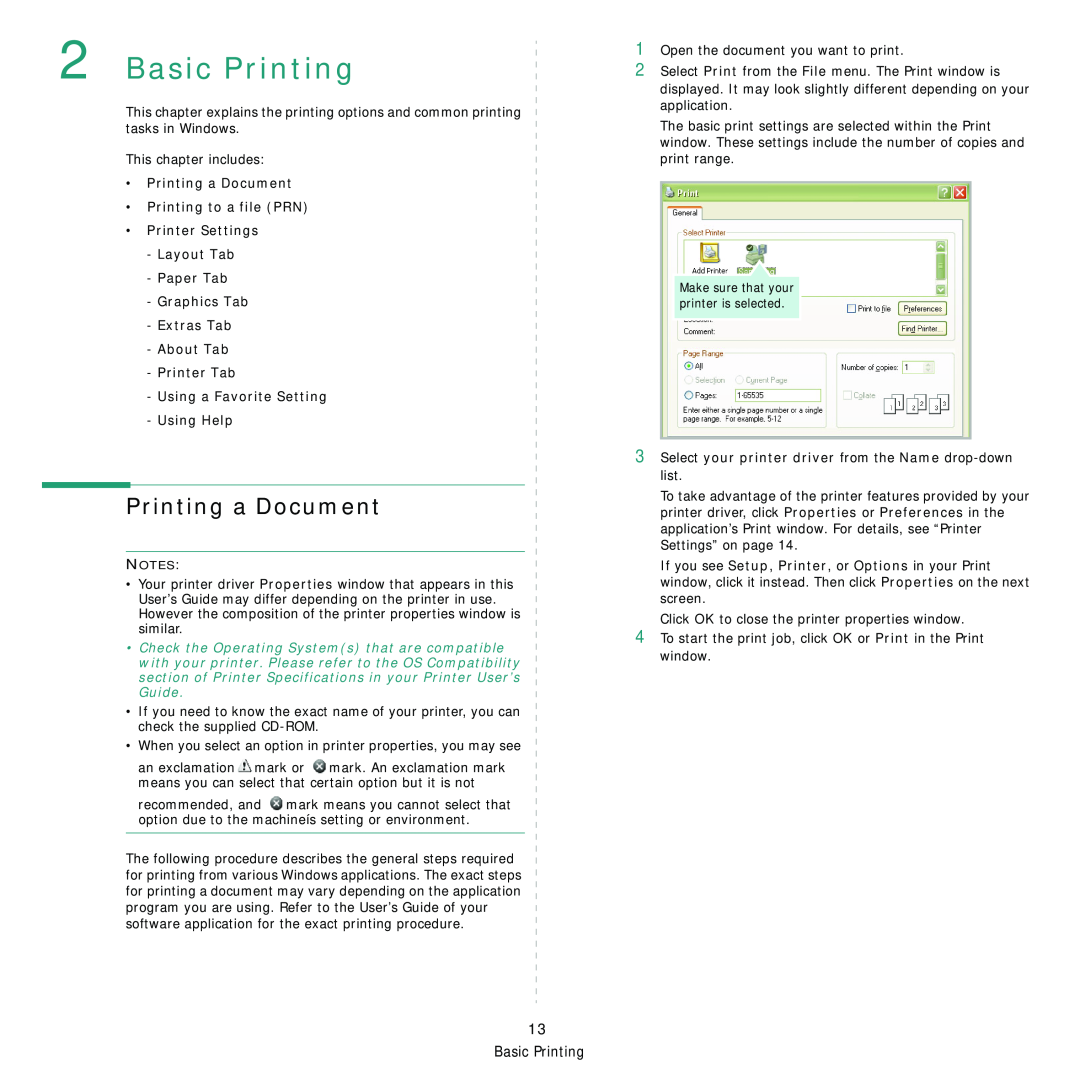 Samsung CLP-310N, CLP-310XAA manual Basic Printing, Printing a Document Printing to a file PRN Printer Settings 