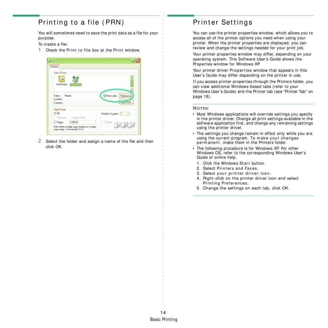 Samsung CLP-310XAA, CLP-310N manual Printing to a file PRN, Printer Settings, Basic Printing 