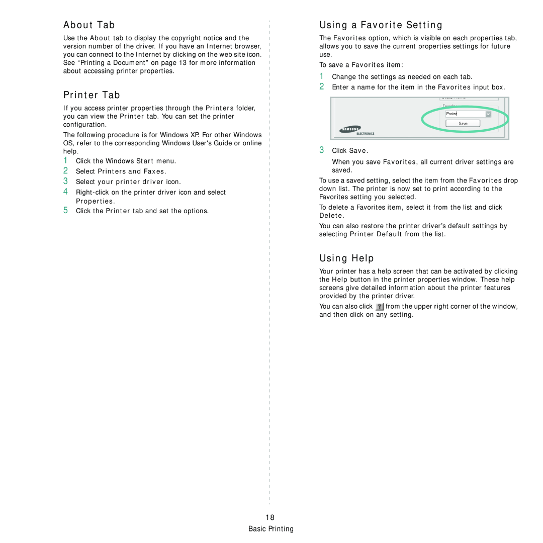 Samsung CLP-310XAA, CLP-310N manual About Tab, Printer Tab, Using a Favorite Setting, Using Help, Properties 