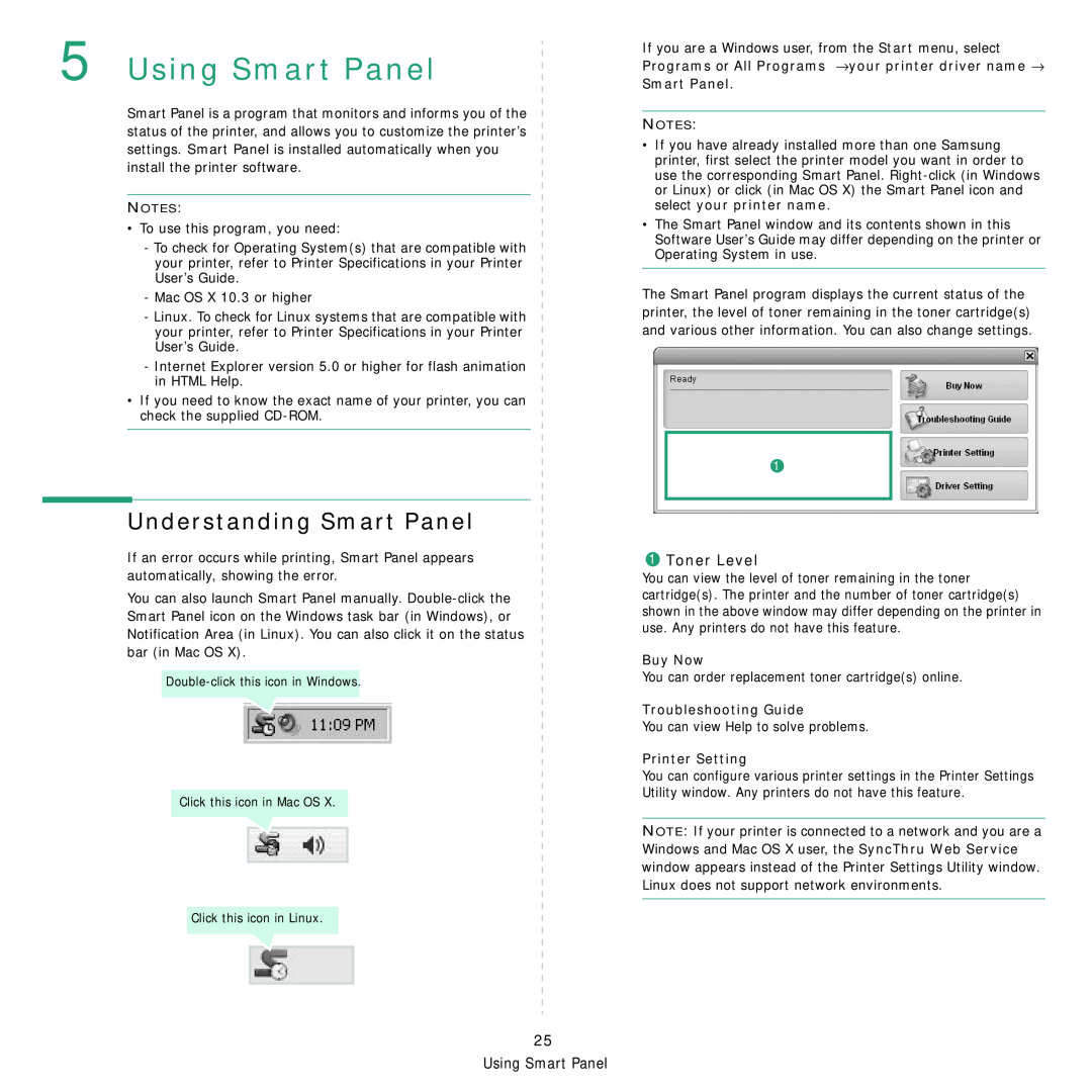 Samsung CLP-310N, CLP-310XAA Using Smart Panel, Understanding Smart Panel, Toner Level, Buy Now, Troubleshooting Guide 