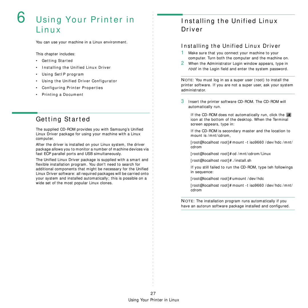 Samsung CLP-310N, CLP-310XAA manual Using Your Printer in Linux, Getting Started, Installing the Unified Linux Driver 
