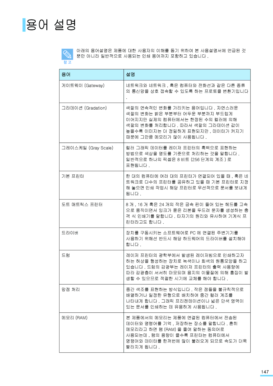 Samsung CLP-315KG, CLP-315NKG, CLP-310NKG, CLP-310WKG, CLP-315WKG, CLP-310KG manual 용어 설명, 147 