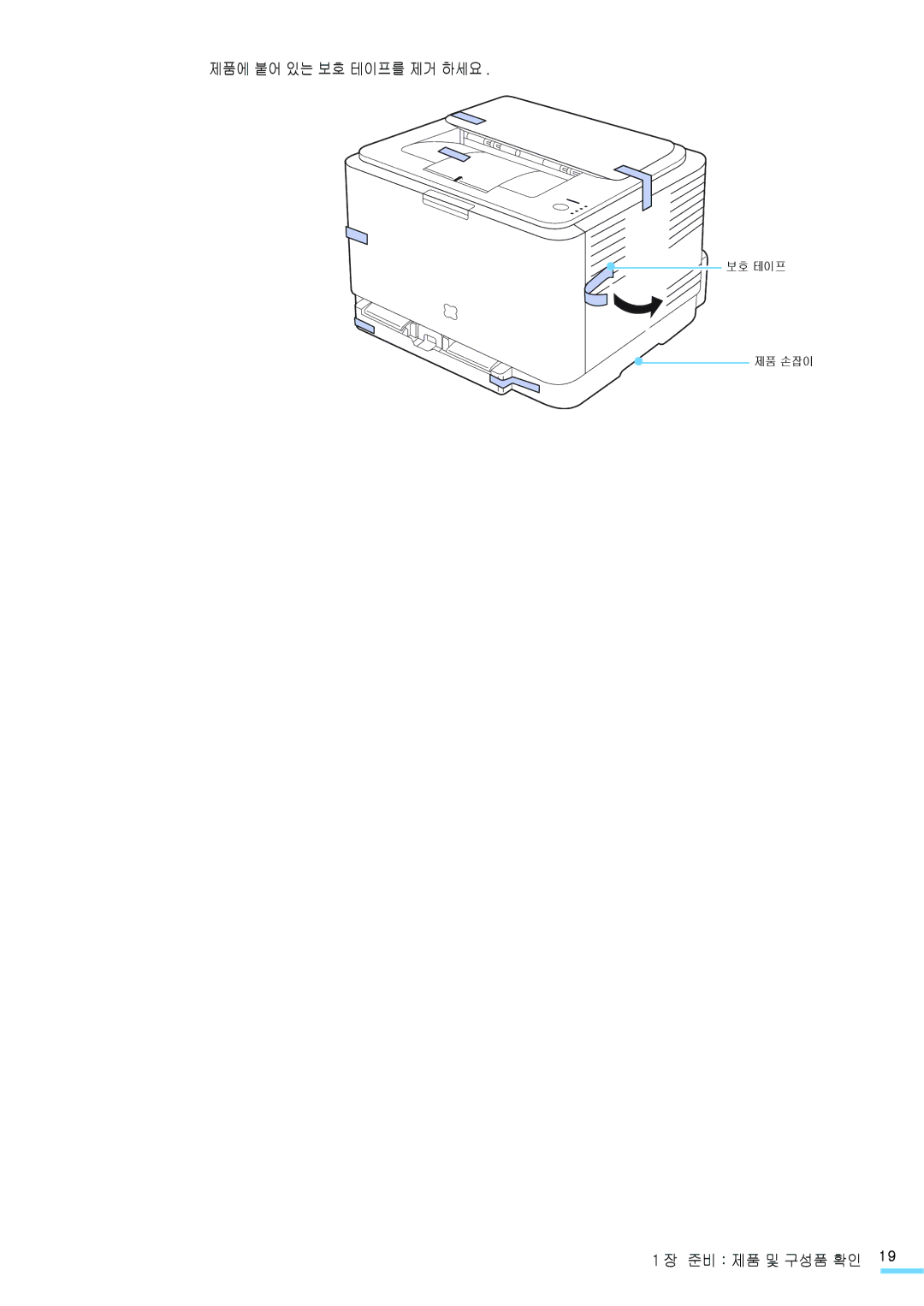 Samsung CLP-310K, CLP-315NKG, CLP-315KG, CLP-310NKG, CLP-310WKG, CLP-315WKG manual 제품에 붙어 있는 보호 테이프를 제거 하세요, 준비 제품 및 구성품 확인 