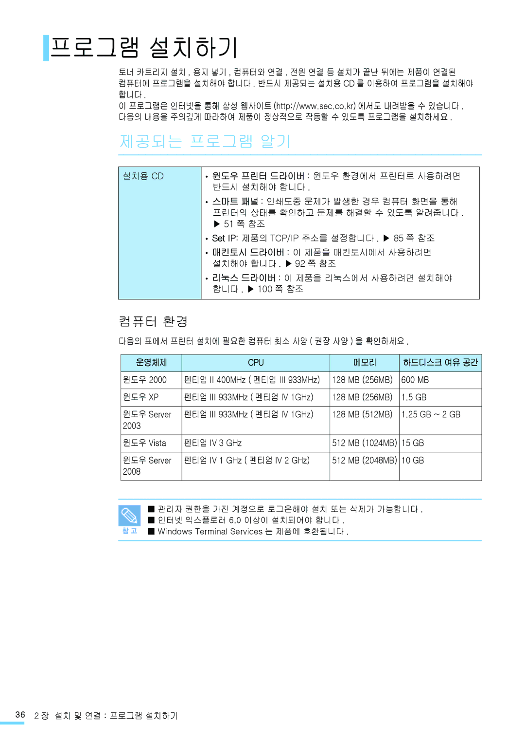 Samsung CLP-315NKG, CLP-315KG, CLP-310NKG, CLP-310WKG, CLP-315WKG, CLP-310KG manual 프로그램 설치하기, 제공되는 프로그램 알기, 운영체제, 메모리 