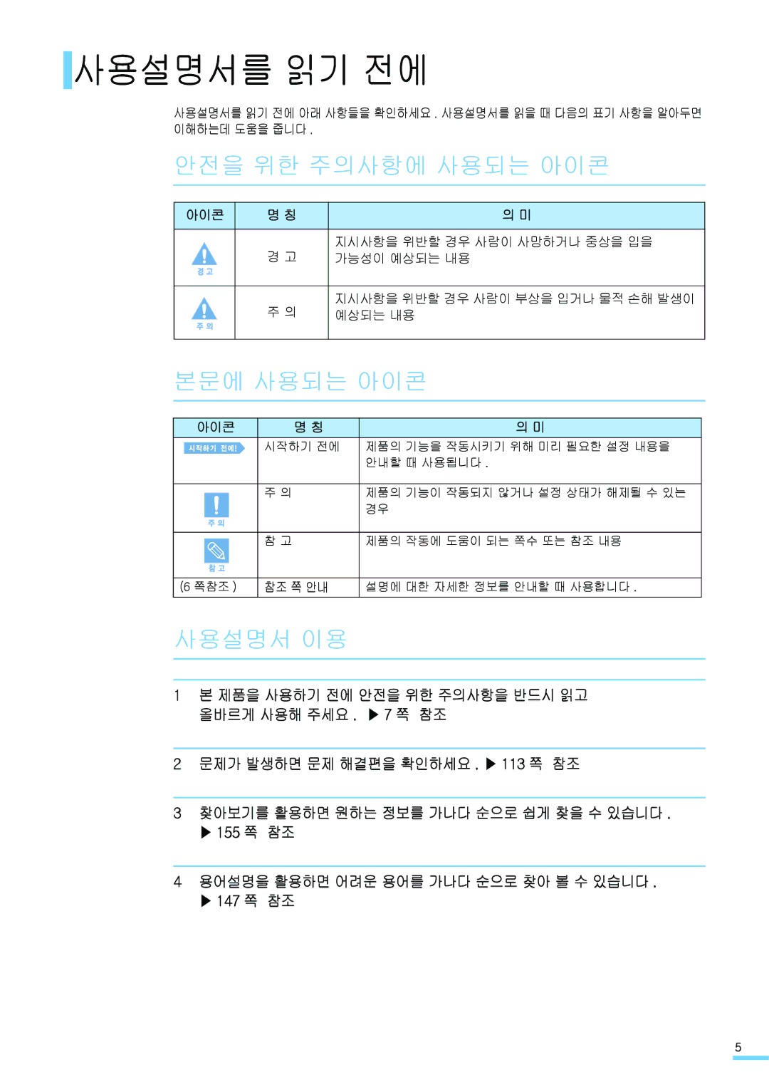 Samsung CLP-310WKG, CLP-315NKG, CLP-315KG, CLP-310NKG manual 사용설명서를 읽기 전에, 안전을 위한 주의사항에 사용되는 아이콘, 본문에 사용되는 아이콘, 사용설명서 이용 