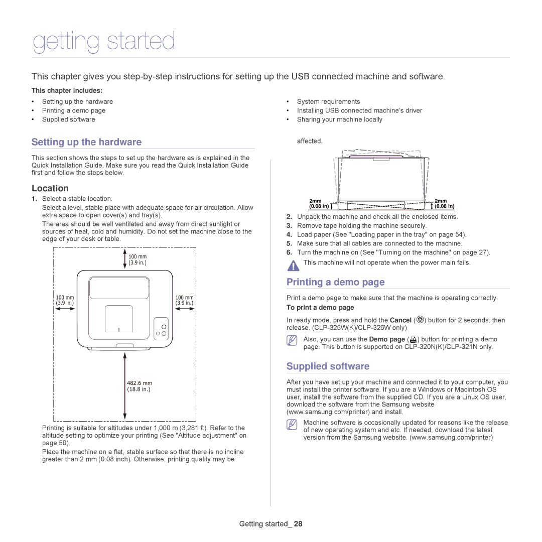 Samsung CLP-325W, CLP-320 manual Getting started, Setting up the hardware, Printing a demo, Supplied software, Location 