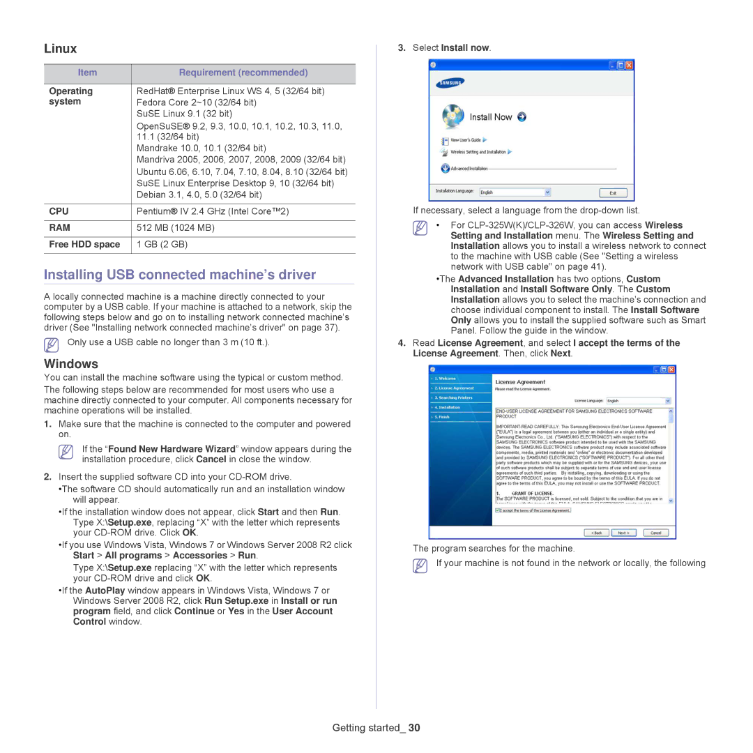 Samsung CLP-325W, CLP-320 manual Installing USB connected machine’s driver, Linux, Windows 