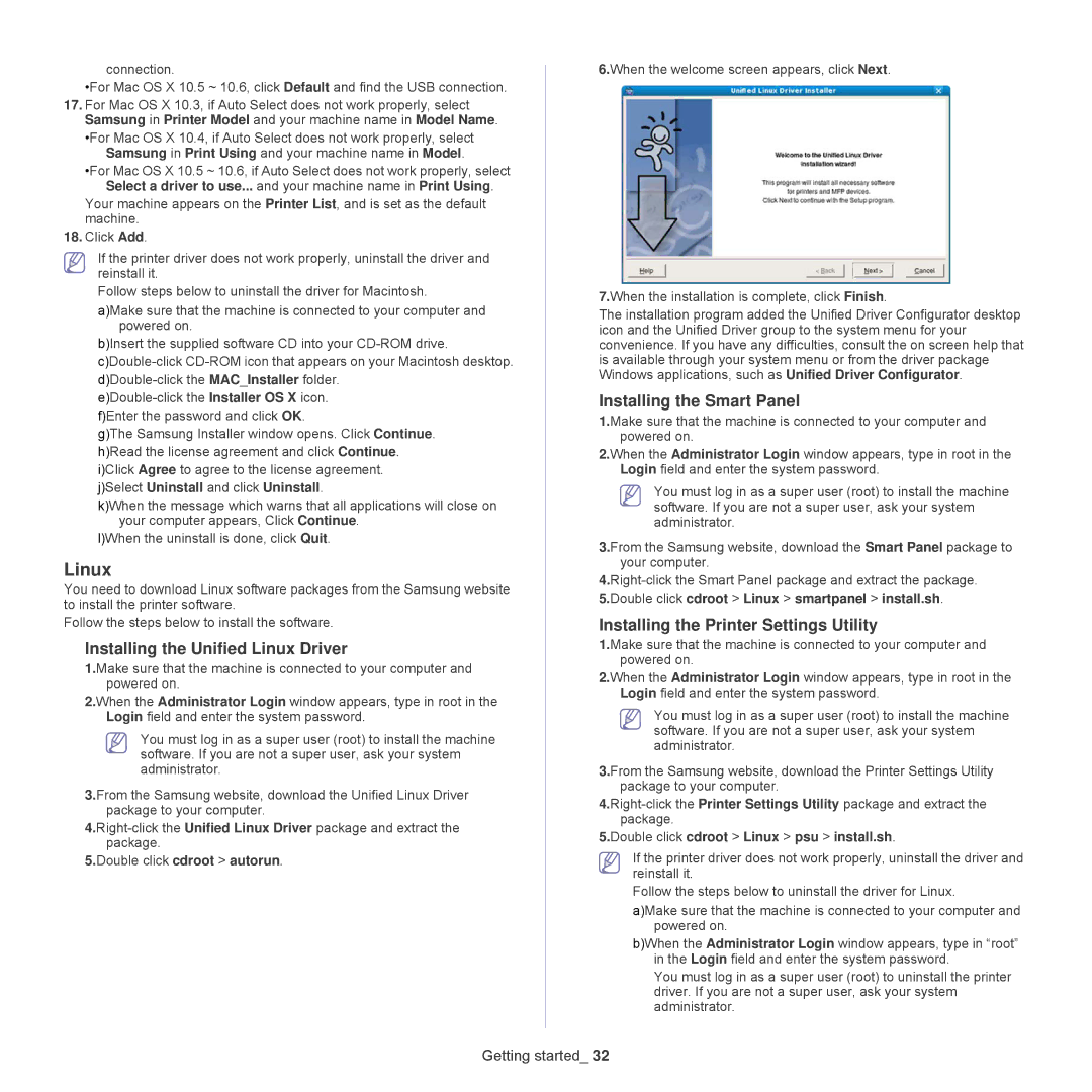 Samsung CLP-325W Installing the Unified Linux Driver, Installing the Smart Panel, Installing the Printer Settings Utility 