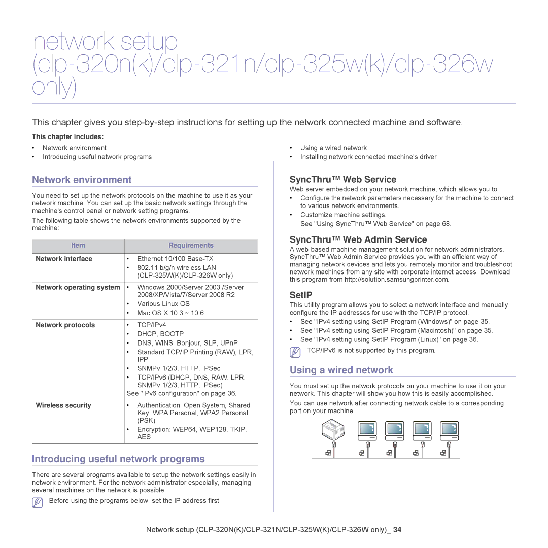 Samsung CLP-325W, CLP-320 manual Network environment, Introducing useful network programs, Using a wired network 