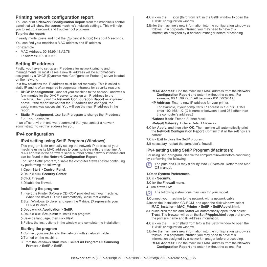 Samsung CLP-320, CLP-325W manual Printing network configuration report, Setting IP address, IPv4 configuration 