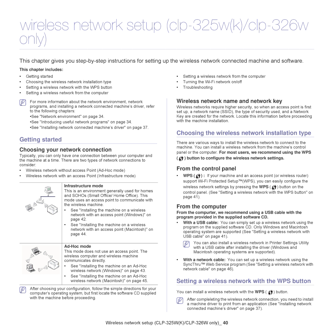 Samsung CLP-325W, CLP-320 manual Wireless network setup clp-325wk/clp-326w only, Getting started 