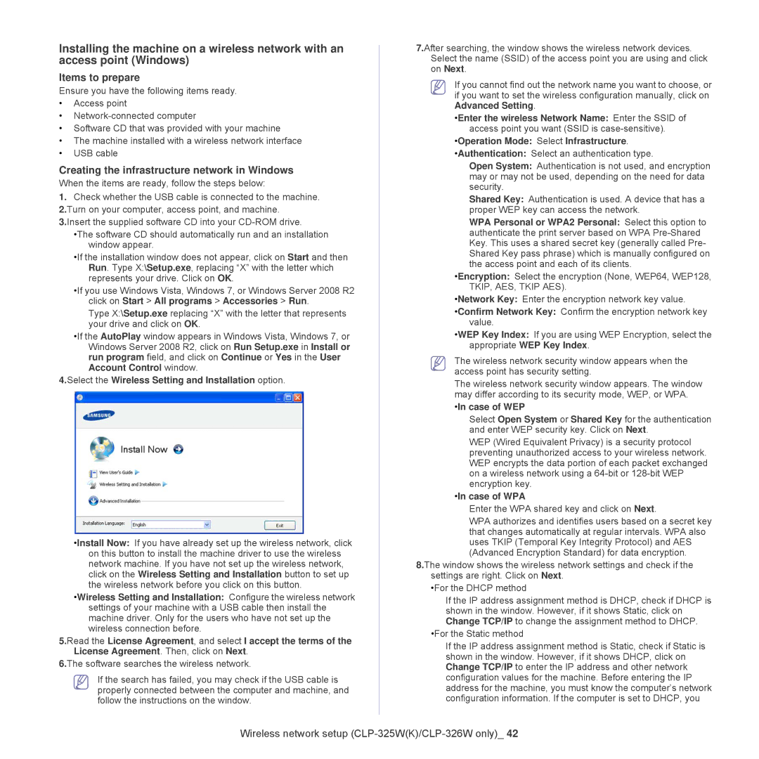 Samsung CLP-325W, CLP-320 manual Select the Wireless Setting and Installation option, Case of WPA 