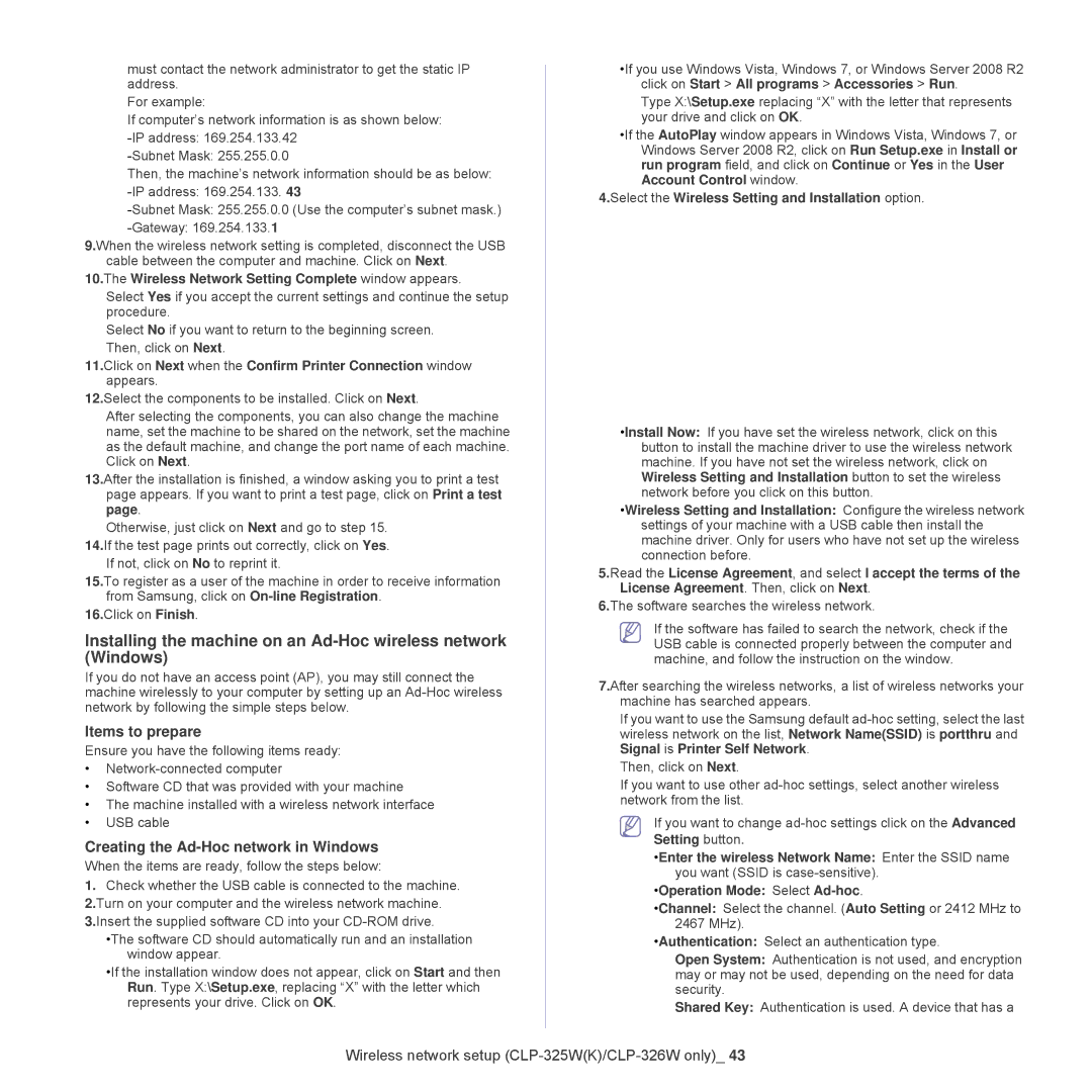 Samsung CLP-320, CLP-325W manual Installing the machine on an Ad-Hoc wireless network Windows 