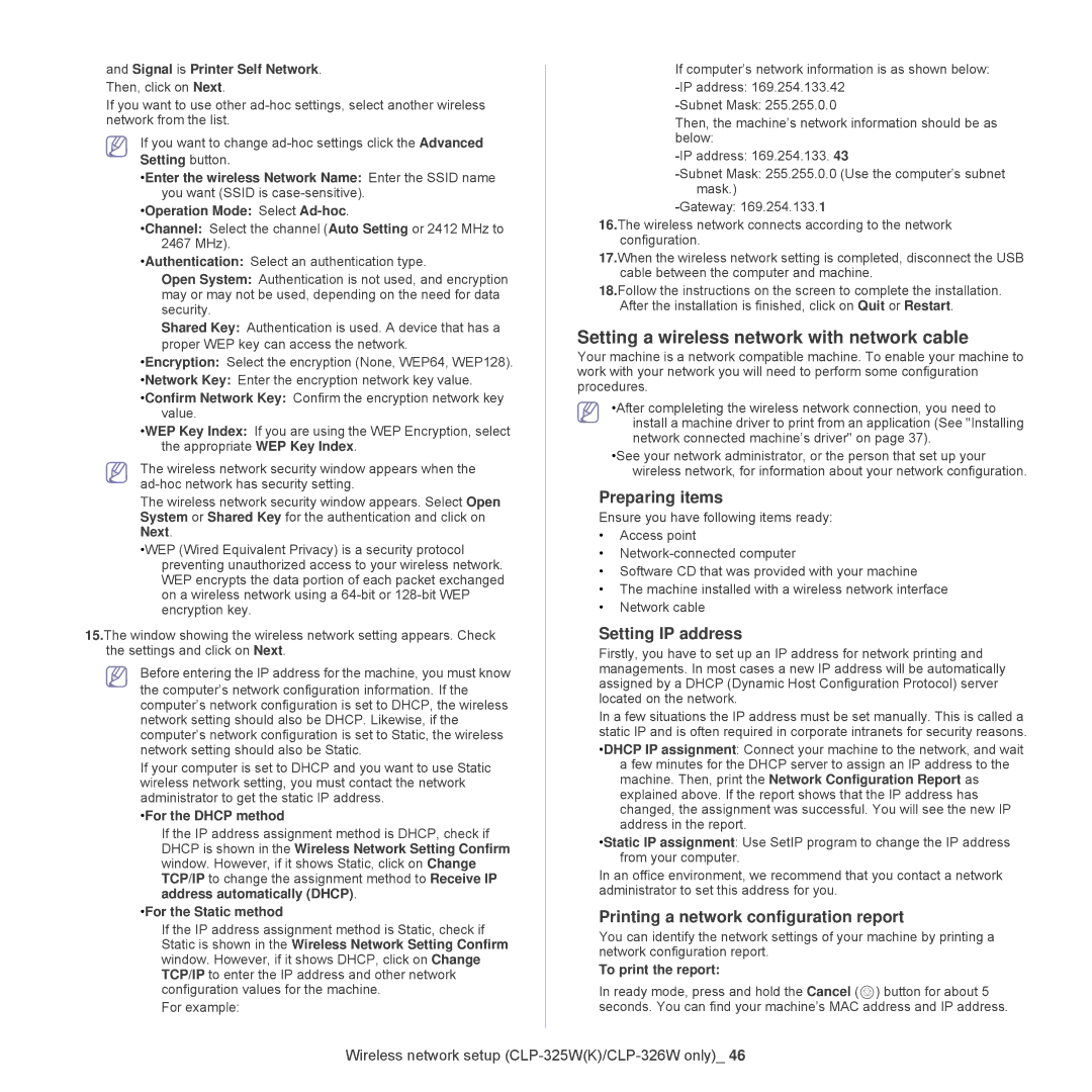Samsung CLP-325W, CLP-320 manual Setting a wireless network with network cable, Preparing items, Setting IP address 