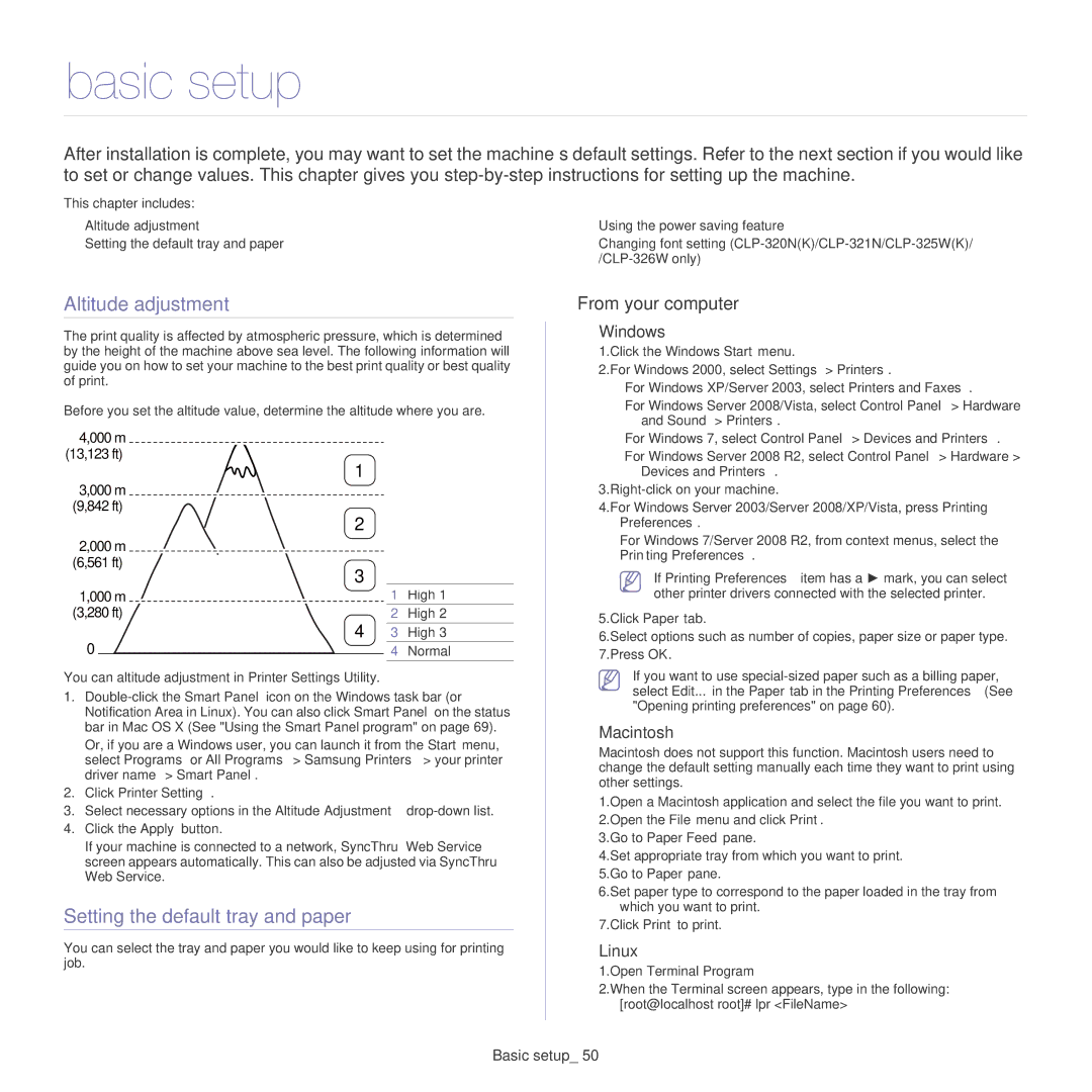 Samsung CLP-325W, CLP-320 manual Basic setup, Altitude adjustment, Setting the default tray and paper, From your computer 