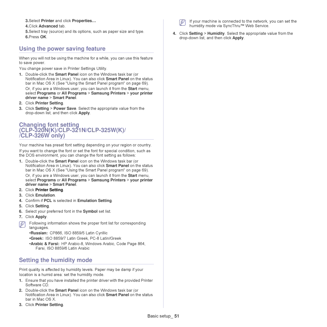 Samsung CLP-320, CLP-325W manual Using the power saving feature, Setting the humidity mode, Click Emulation 