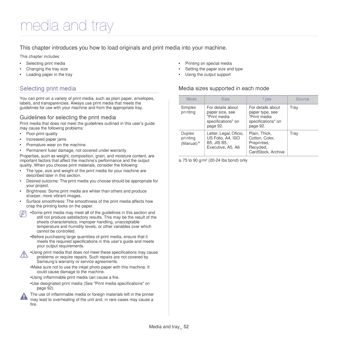 Samsung CLP-325W, CLP-320 manual Media and tray, Selecting print media, Guidelines for selecting the print media 