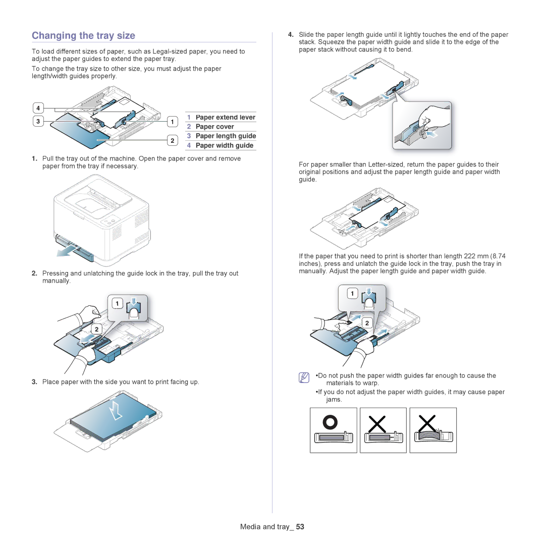 Samsung CLP-320, CLP-325W Changing the tray size, Paper extend lever, Paper cover, Paper length guide, Paper width guide 