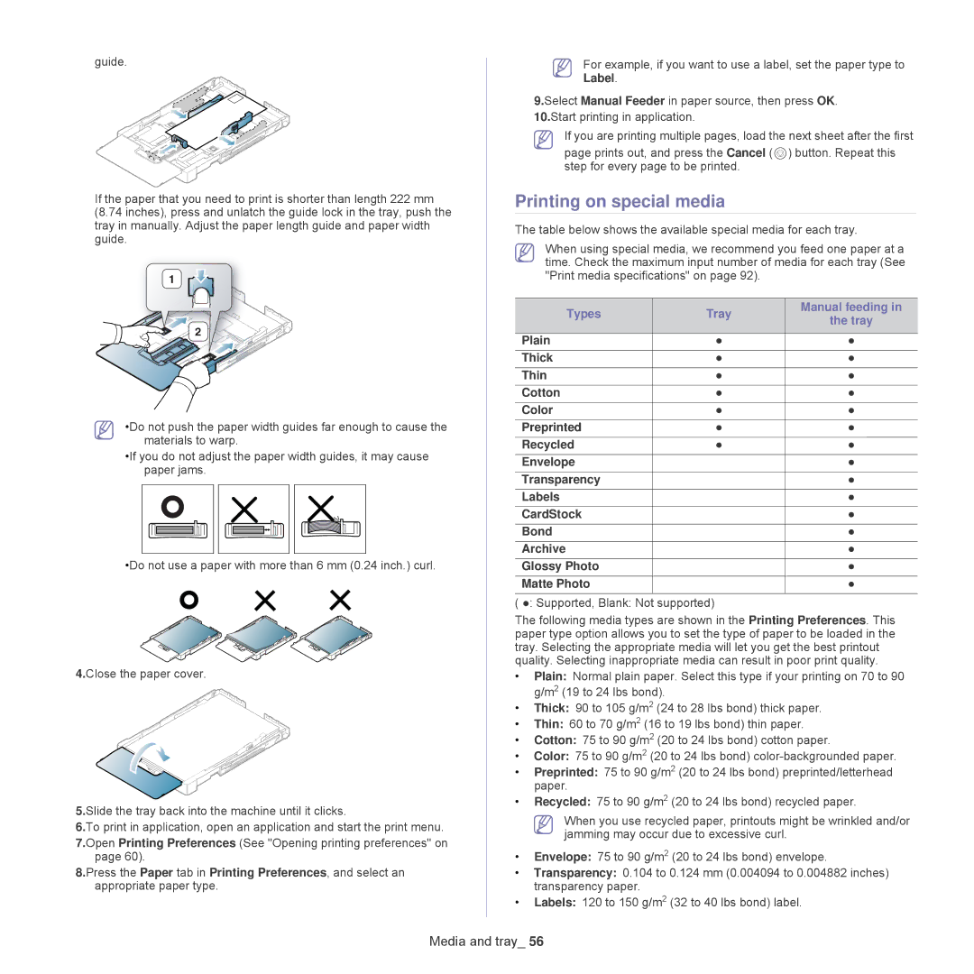 Samsung CLP-325W, CLP-320 manual Printing on special media, Types Tray Manual feeding 