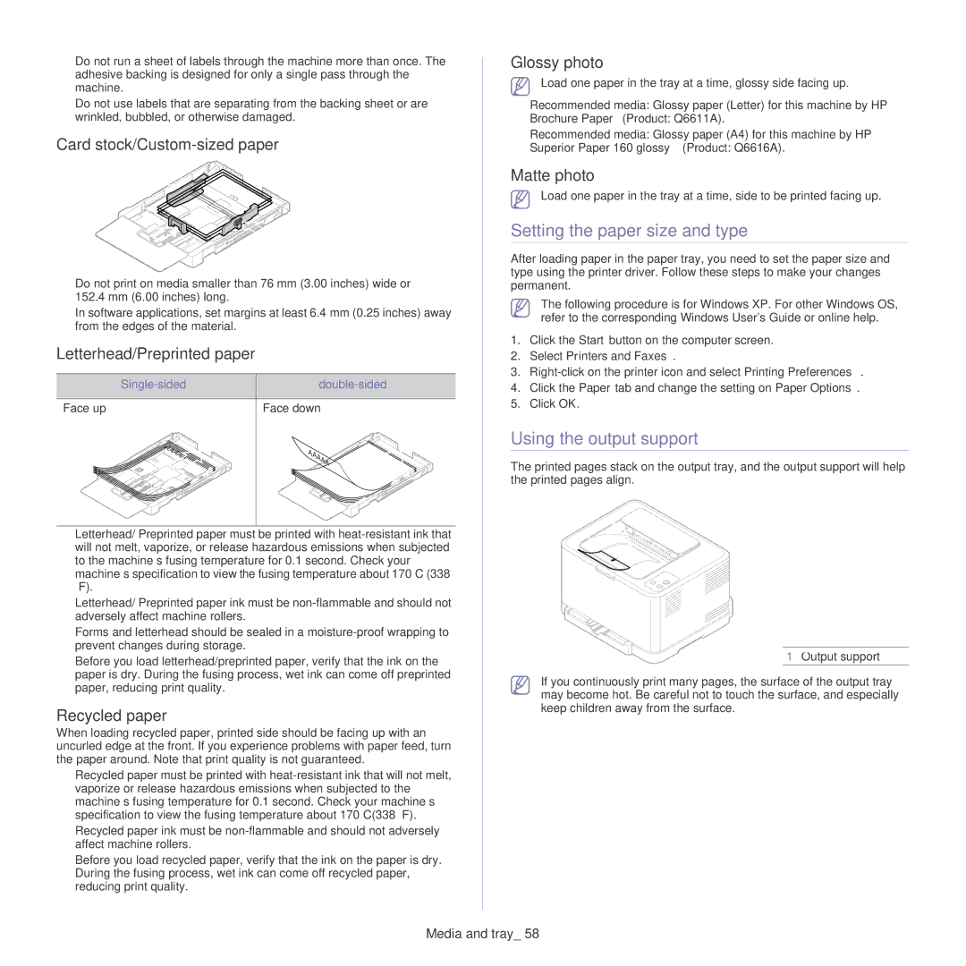 Samsung CLP-325W, CLP-320 manual Setting the paper size and type, Using the output support 