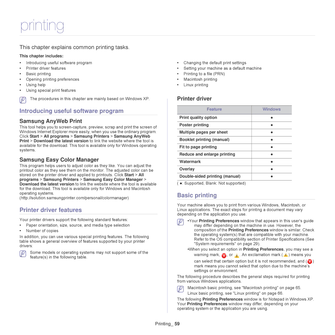 Samsung CLP-320, CLP-325W manual Printing, Introducing useful software program, Printer driver features, Basic printing 